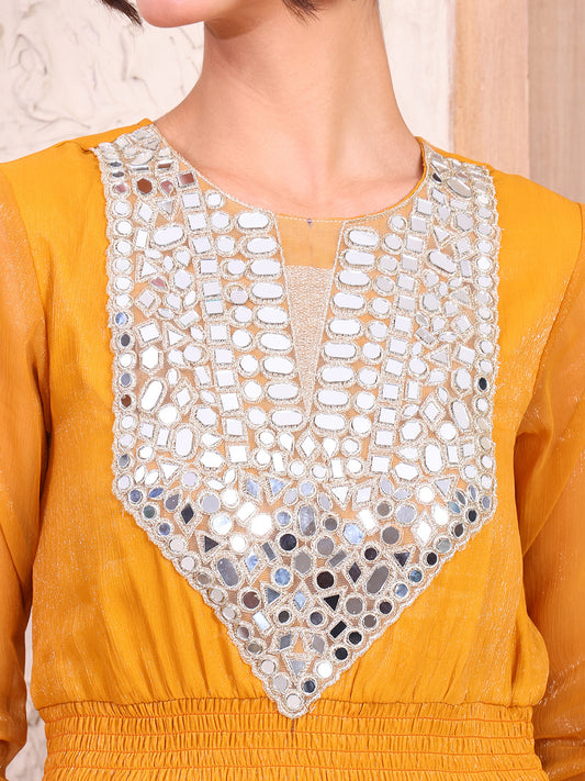 Embroidered Mustard Tiered Maxi Dress With Dupatta For Women