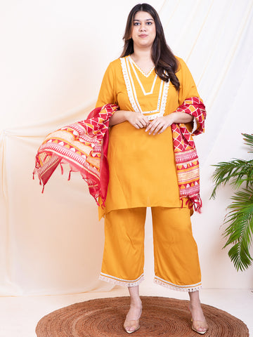 Women's Plus Size Mustard Ethnic Kurta Sets With Geometrical Printed Dupatta For Women