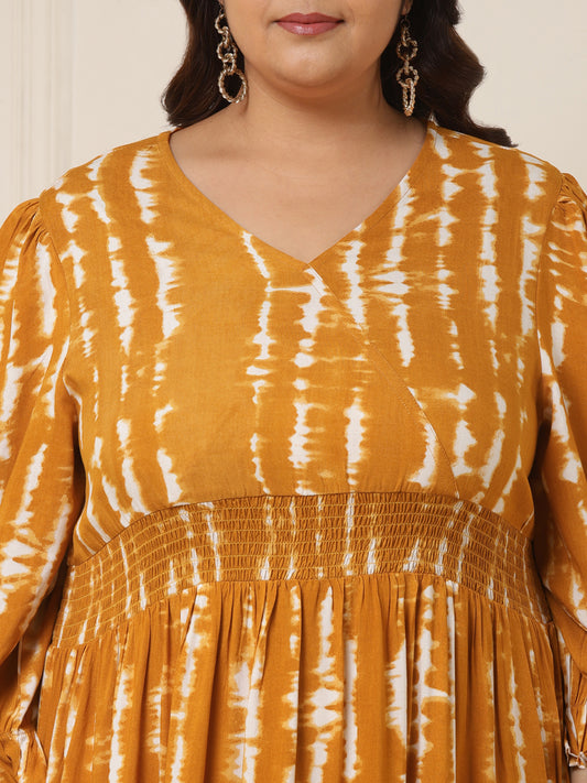 Women's Plus Size Mustard Tie & Dye Maxi Tiered Dress