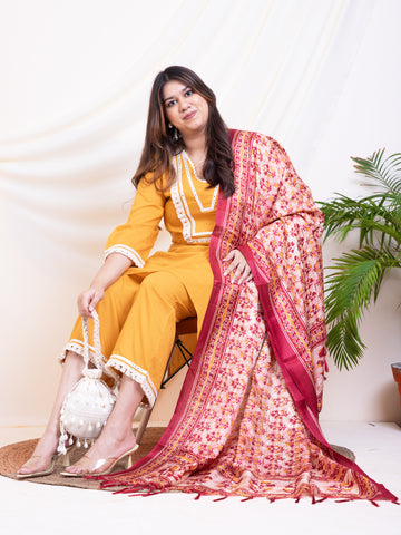 Women's Plus Size Mustard Ethnic Kurta Sets With Floral Dupatta For Women