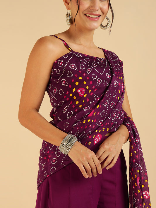 Wine Bandhani Printed Strappy Top With Sharara Saree Fusion Women Co-Ord Set