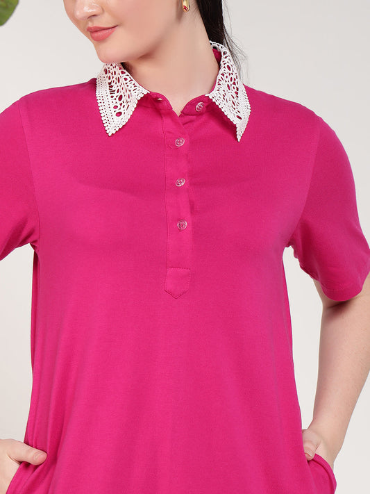Magenta Embroidered Women T-Shirt Dress
