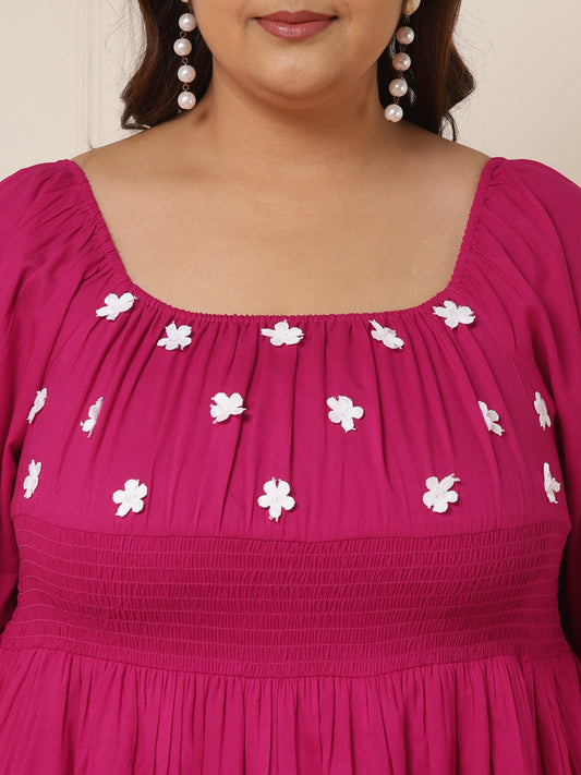 Women's Plus Size Magenta Embroidered Floral Flared Viscose Rayon Dress