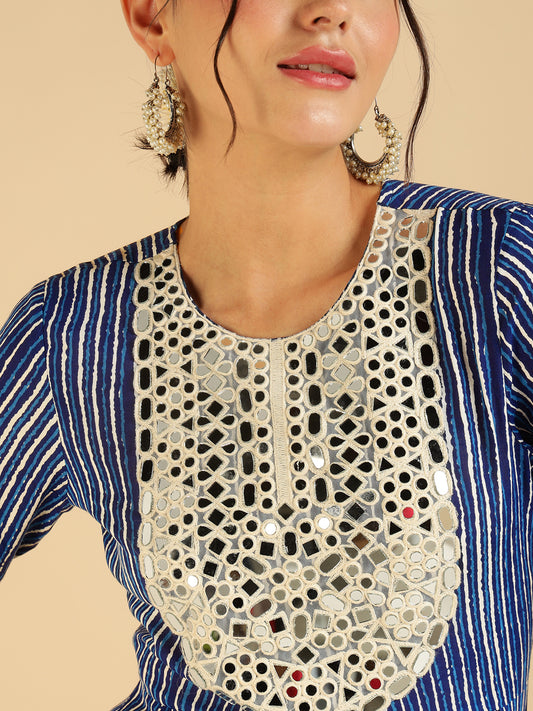 Blue Stripe Embroidered Tunic & Palazzo Fusion Women Co-Ord Set