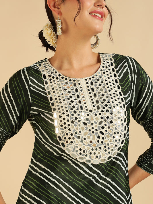 Dark Green Lahariya With Bandhani Printed Kurti & Sharara Women Co-Ord Set
