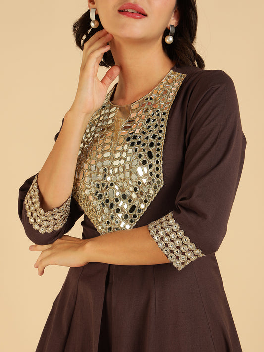 Brown Pure Cotton Embroidered Neck Patch Fusion Women Co-Ord Set