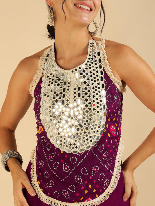 Bandhani Printed Top With Sharara Fusion Women Co-Ord Set