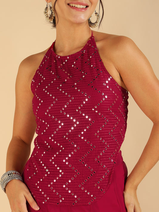Fuchsia Embroidered Top With Sharara Fusion Women Co-Ord Set