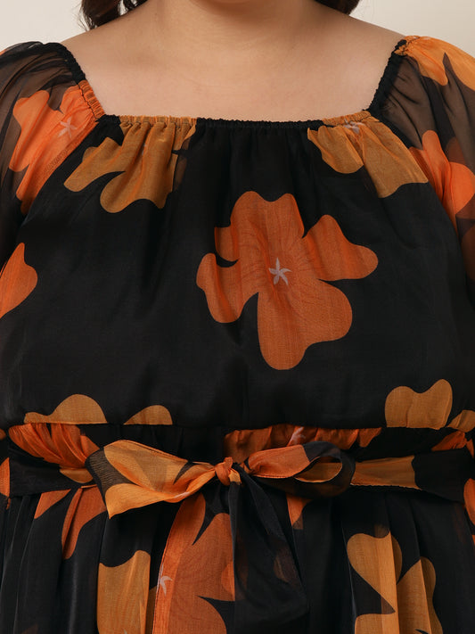 Women's Plus Size Black Floral Printed Women Tiered Dress