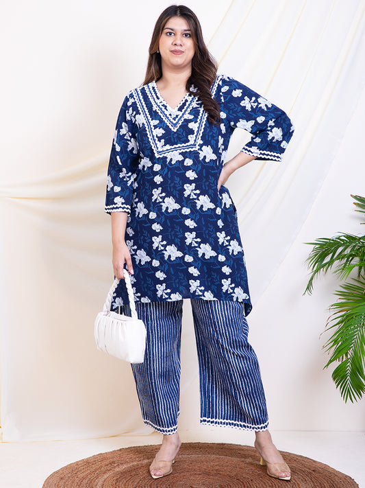 Women's Plus Size Indigo Floral Kurta With Palazzo Ethnic Women Co-Ord Sets