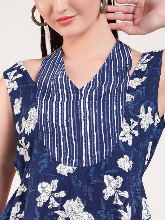 Blue Indigo Floral With Stripe Women Short Dress