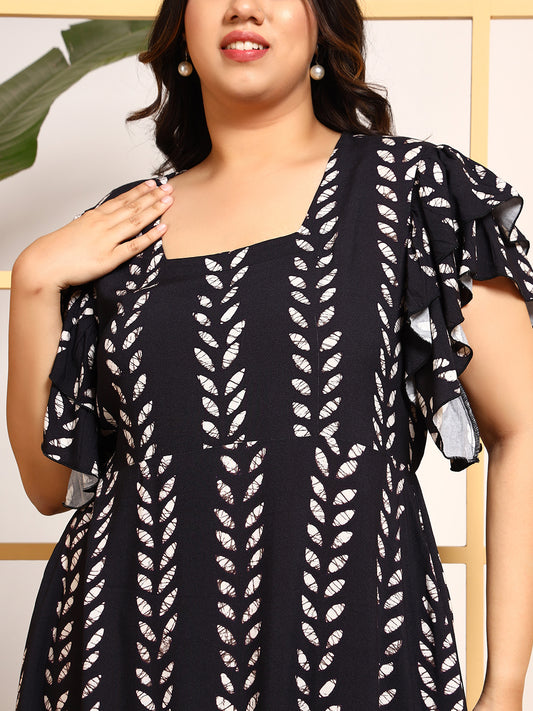 Squared Neck Leaf Print Tiered Women's Plus Size Dress