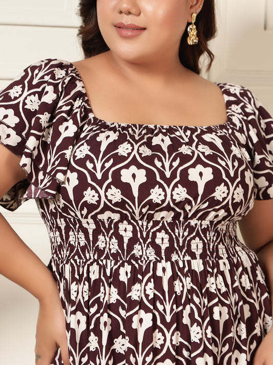 Wine Printed Squared Necked With Tiered Women Plus Size Dress