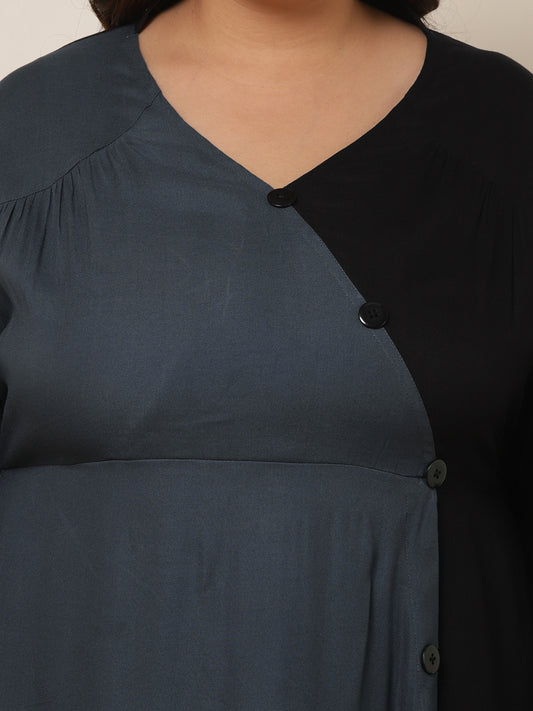Women's Plus Size Grey Black Colour Blocking Women Dress
