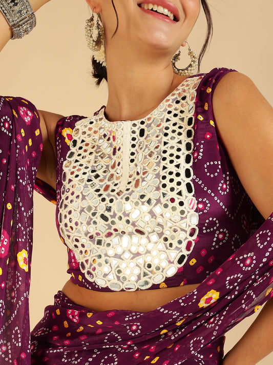 Wine Bandhani Printed Patch Work With Tiered Palazzo Saree Set For Women