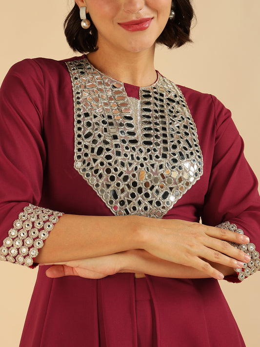 Maroon Georgette Embroidered Tunic & Palazzo Fusion Women Co-Ord Set