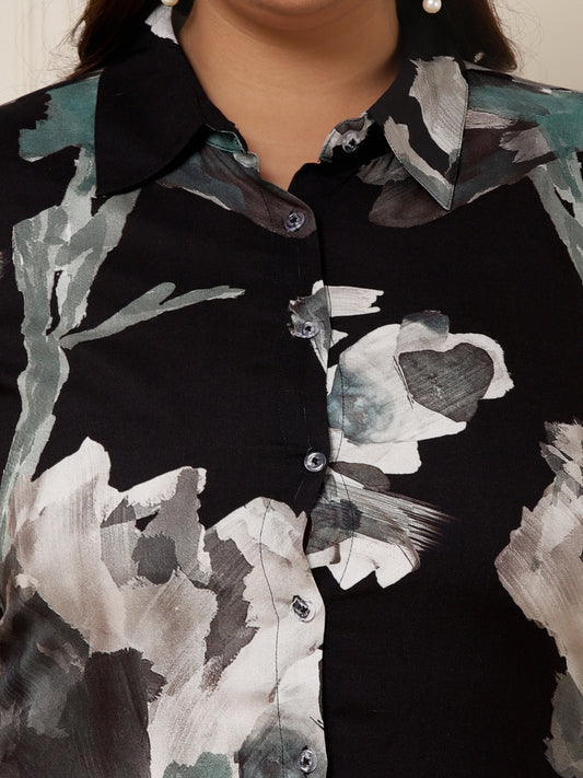 Women's Plus Size Black Abstract Viscose Rayon Shirt Dress