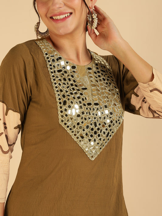 Brown Floral Border Printed Kurti & Sharara Fusion Co-Ord Set