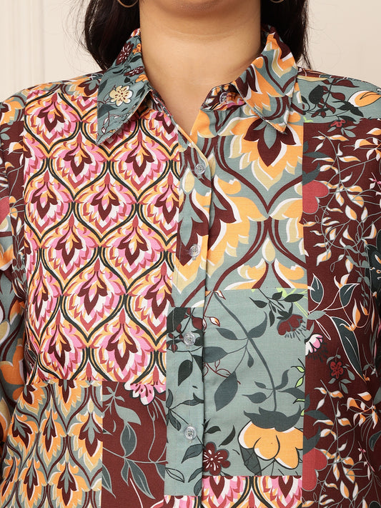 Women's Plus Size Multi-Colour Patch Printed Shirt Dress