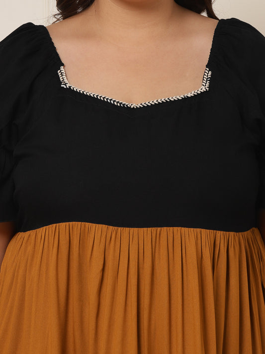Women's Plus Size Black & Mustard Color block Dress