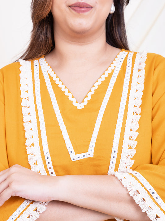 Women's Plus Size Mustard Ethnic Kurta Sets With Geometrical Printed Dupatta For Women