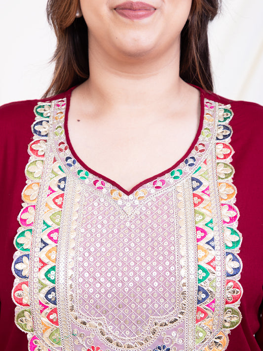 Women's Plus Size Maroon Embroidery Yoke Design Women Kurta Sets With Dupatta