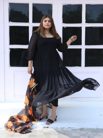 Womens Plus Size Black Georgette Kurti With Floral Organza Dupatta