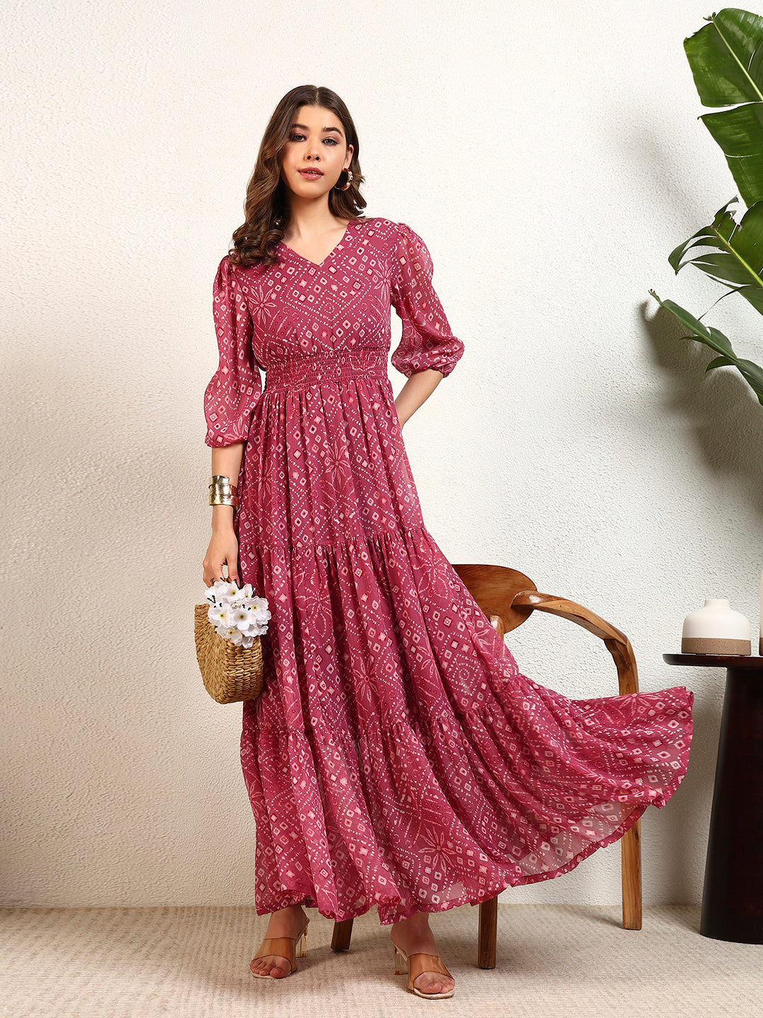 Pink Chiffon Bandhani Smocking Tiered Maxi Womens Dress