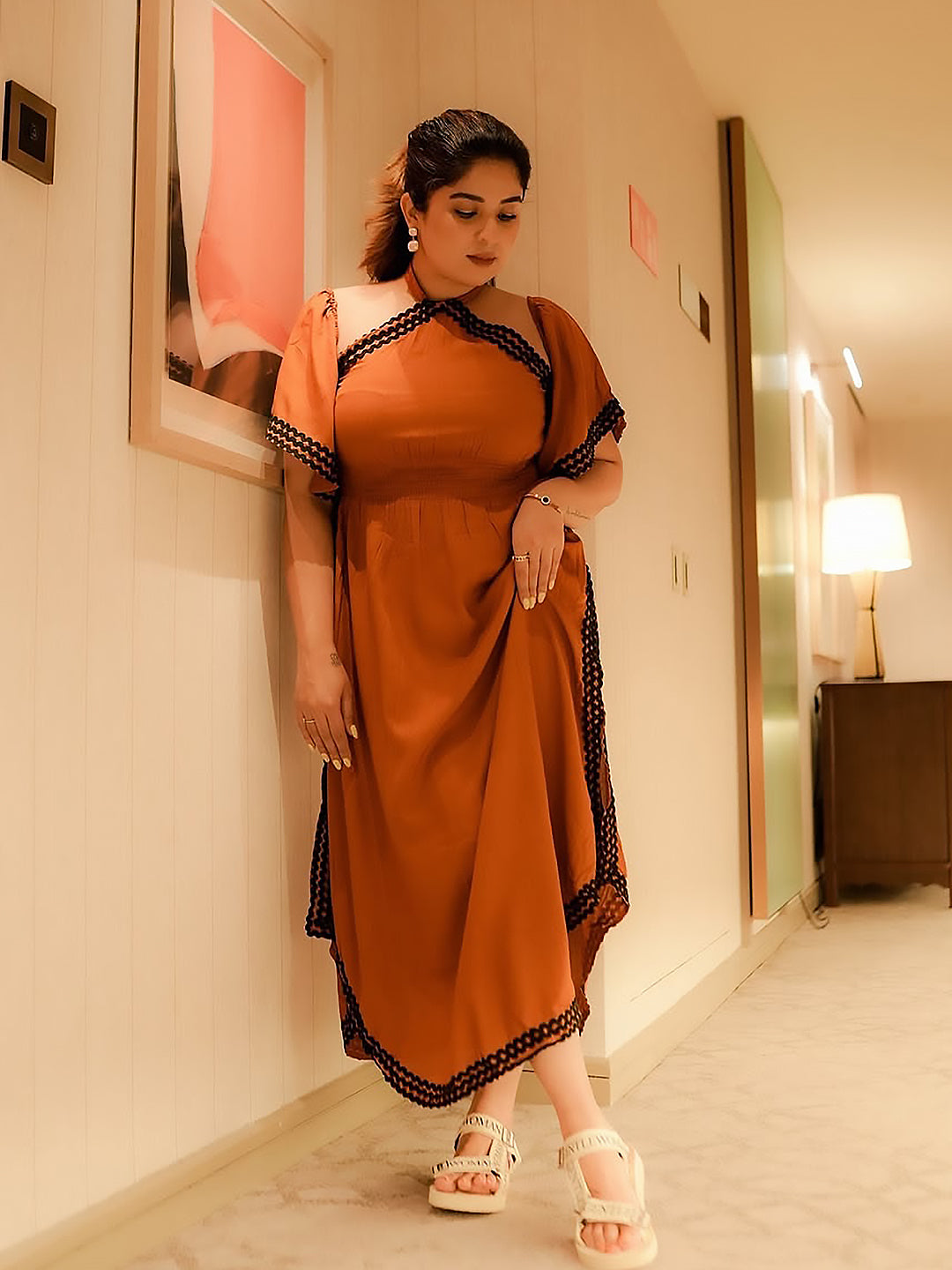 Tan Brown Halter Neck With Bell Sleeve A-Line Slit Dress Tan Brown Halter Neck With Bell Sleeve A-Line Slit Dress