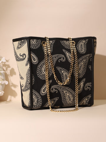 Paisley Printed Jacquard Tote Bag with Golden Chain Handle