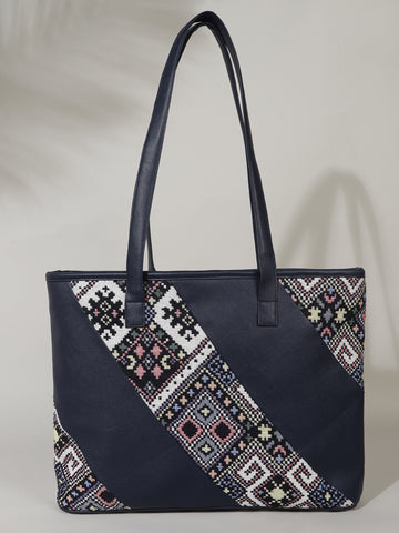 Patch Pattern Navy Blue Tote Bag