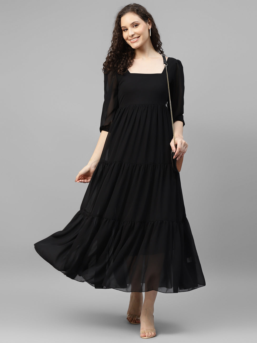 Black Georgette Back Knotting Deep Neck Women'S Dress Black Georgette Back Knotting Deep Neck Women'S Dress