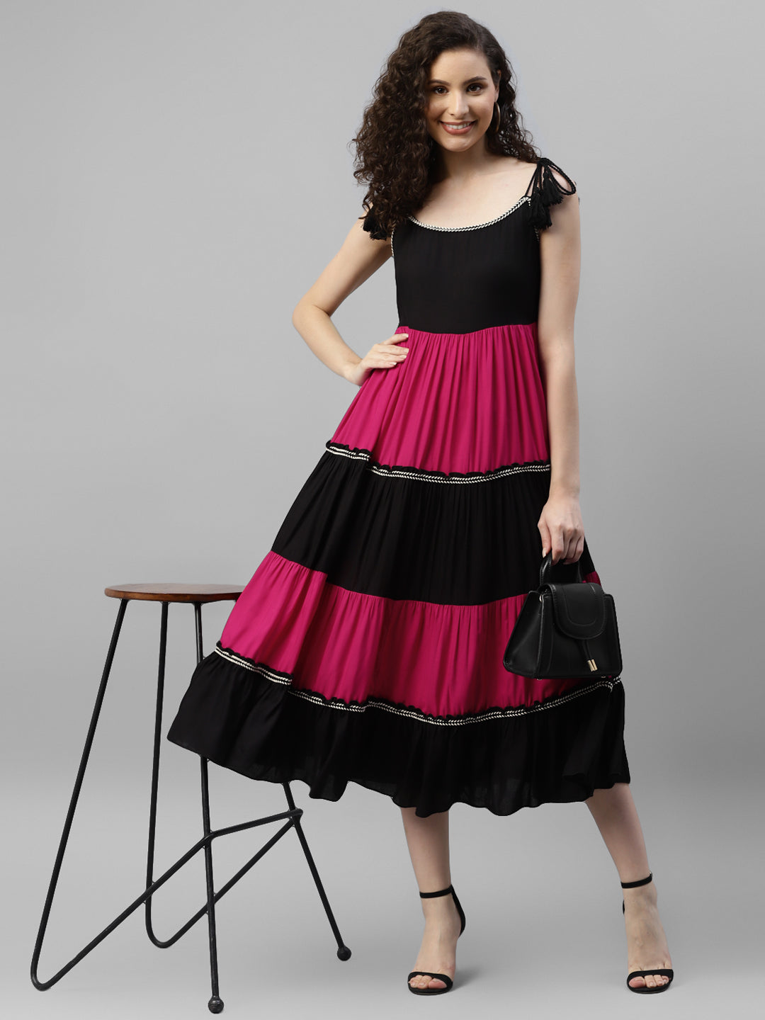 Black And Magenta Color Blocking Women's Dress