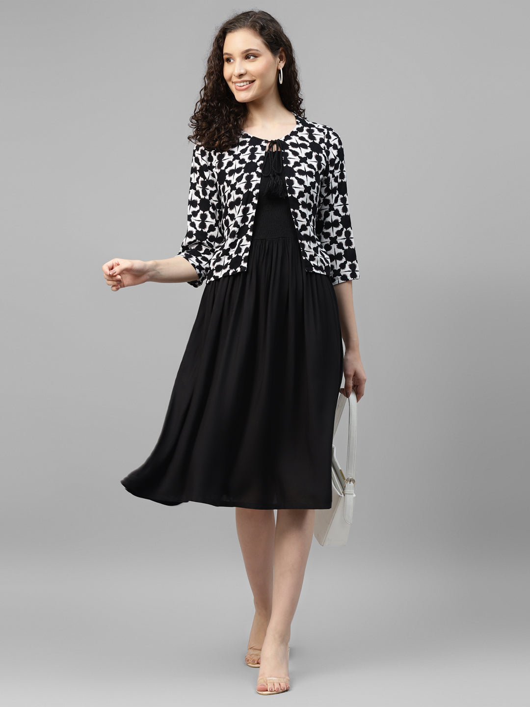 Geometrical Shrug With Black Smocking Dress Geometrical Shrug With Black Smocking Dress