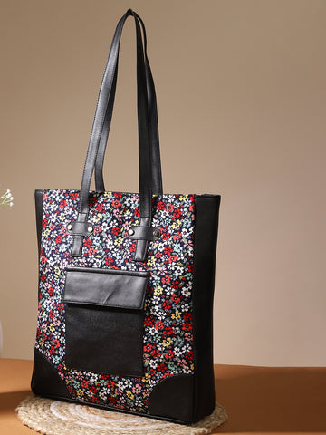Multicolor Floral Print Tote Bag With Outside Pocket