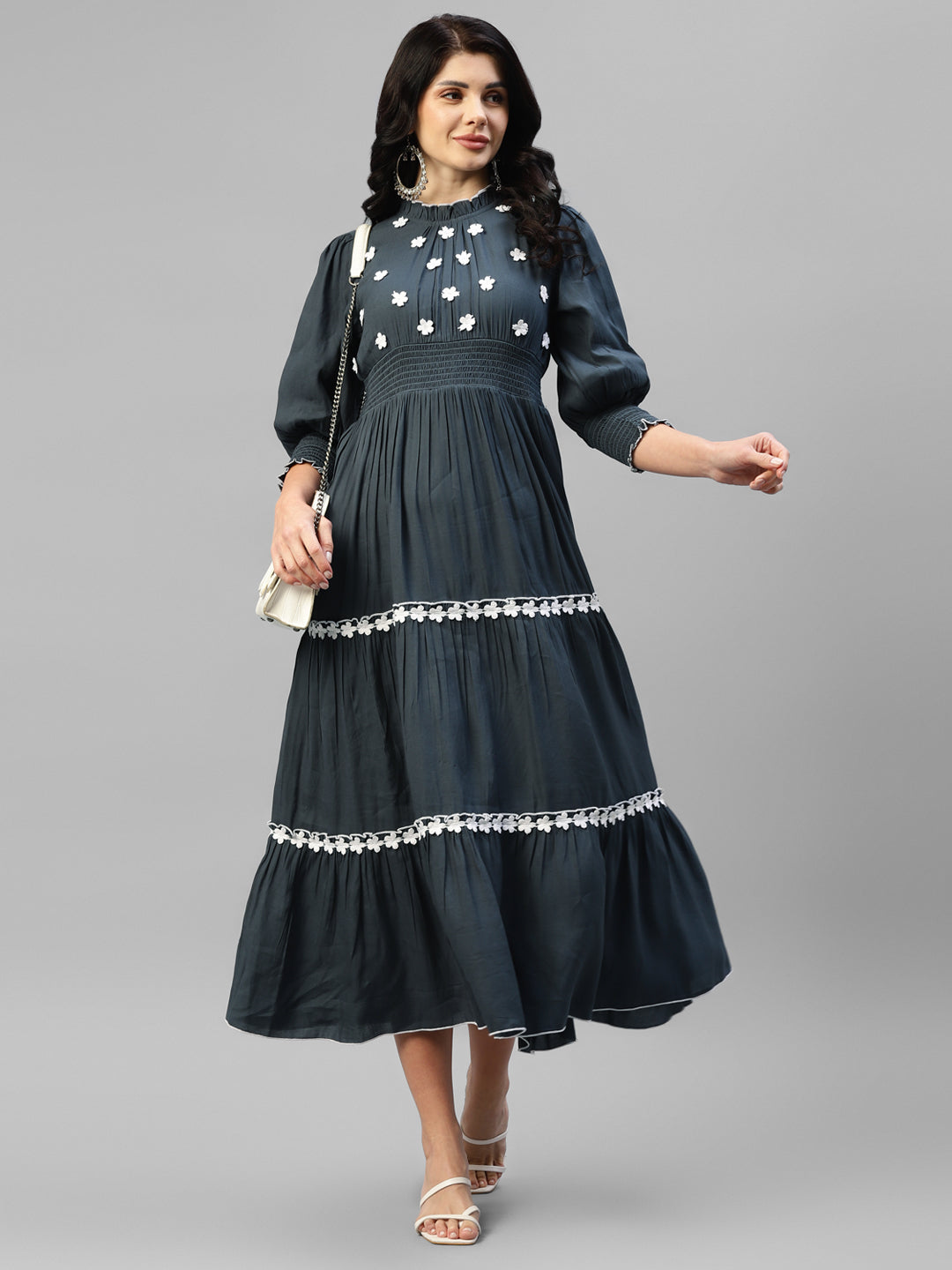 white christmas dresses Grey With White Embroidered Floral Viscose Rayon Women's Tiered Dress