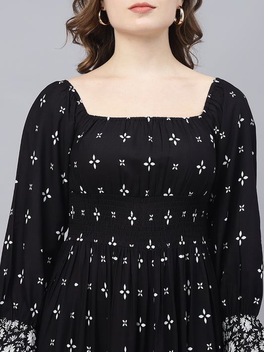 Black motif with border printed women maxi dress