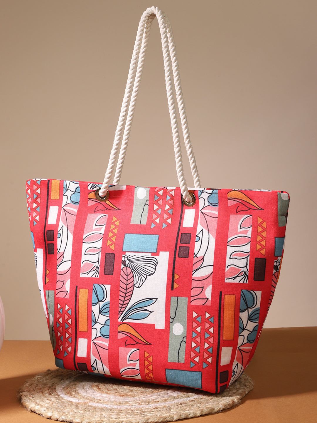 Abstract Print Handbag With Rope Handle & Zip Closure