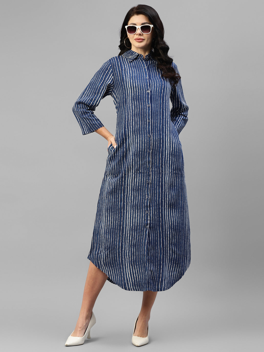 Blue Striped Viscose Rayon Women s Shirt Dress