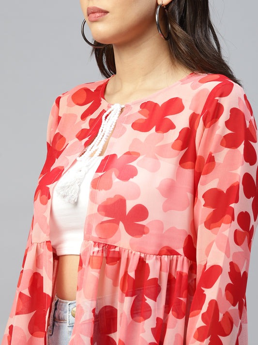 Red Floral Women Tiered Shrug