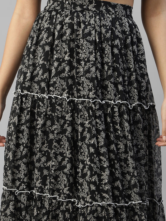 Women's Black Floral With Dobby Printed Maxi Skirt