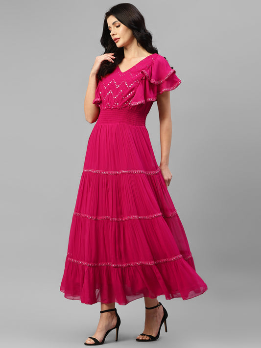 Magenta Tiered Embroidered Georgette Women's Maxi Dress