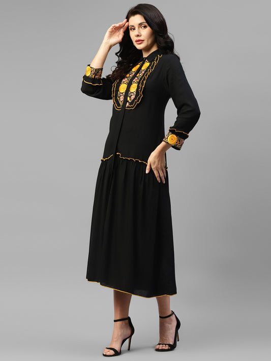 Black Embroidered Viscose Rayon Women's Shirt Dress