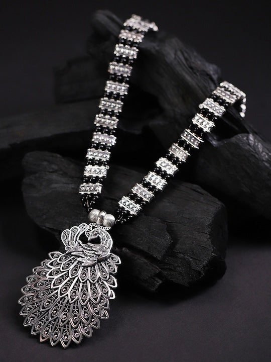 Silver-Plated Oxidised Peacock Emblem Necklace