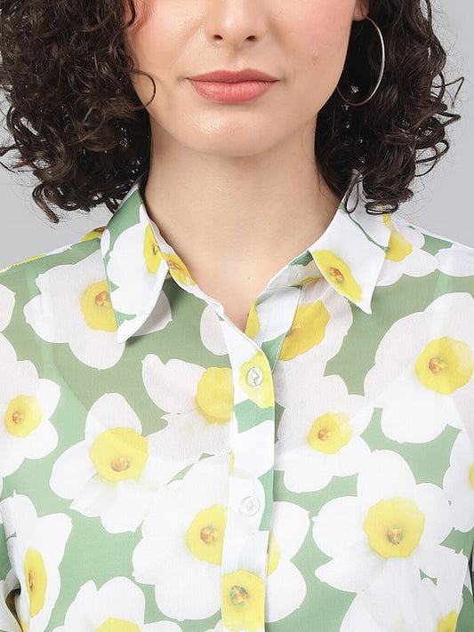 Women's Olive Green Premium Floral Printed Casual Shirt