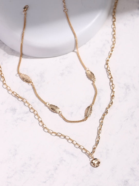 Gold-Toned Rose Gold-Plated Layered Leaf Necklace