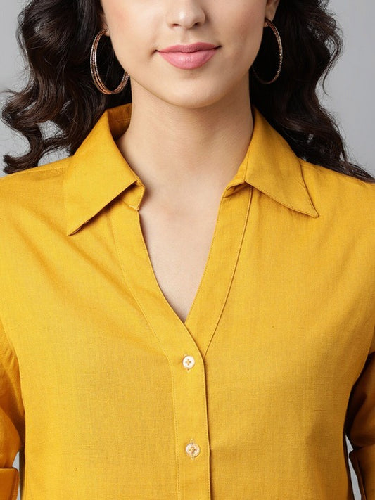 Women's Yellow Premium Roll-Up Sleeves Casual Shirt