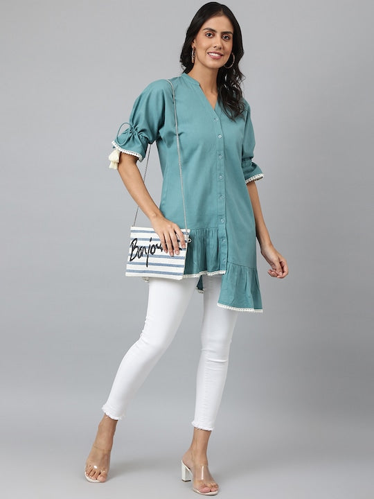 Sea Green Cotton Mandarin Collar Roll Up Sleeves High Low Tunic 0171