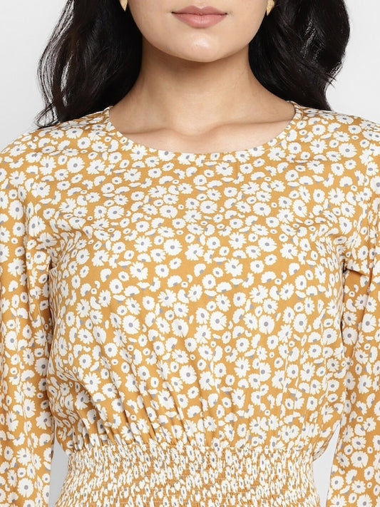 Yellow Off White Floral Printed Crepe Midi Dress