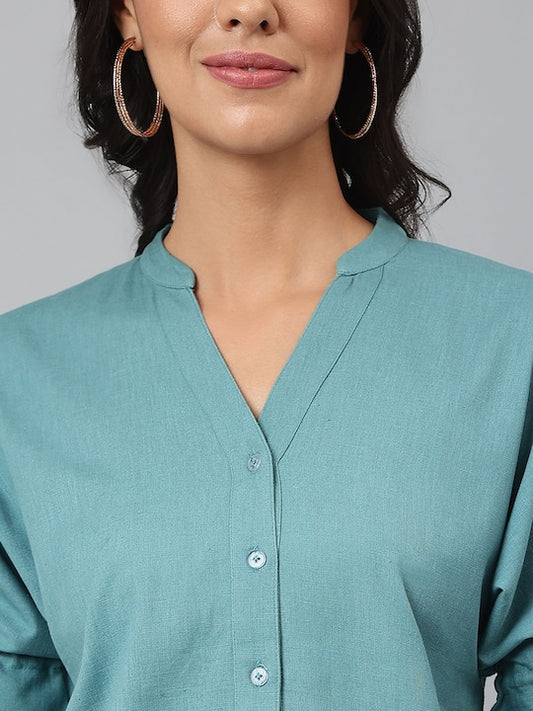 Sea Green Cotton Mandarin Collar Roll-Up Sleeves High Low Tunic